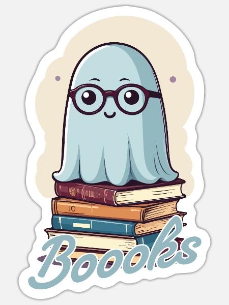 Niedliches Buchliebhaber Gespenst mit Büchern - Sticker Größe S (10 x 10 cm) - Mattweiß