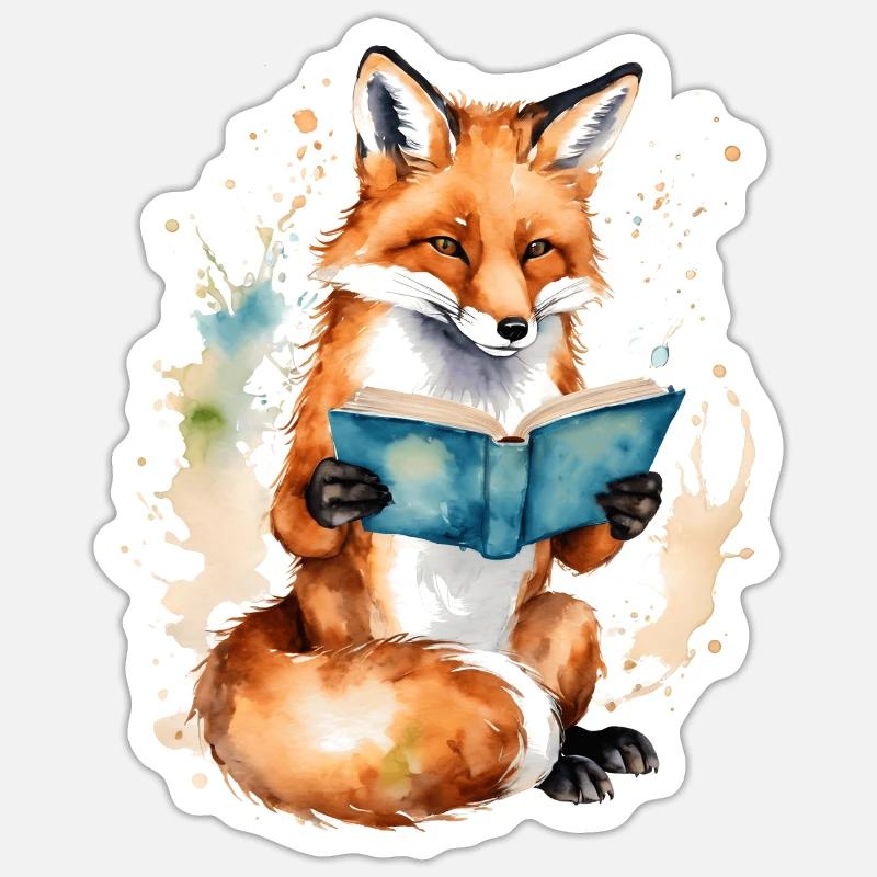 Fuchs Lesen Buch Bunt Tier Design Print - Sticker Größe S (10 x 10 cm) - Mattweiß