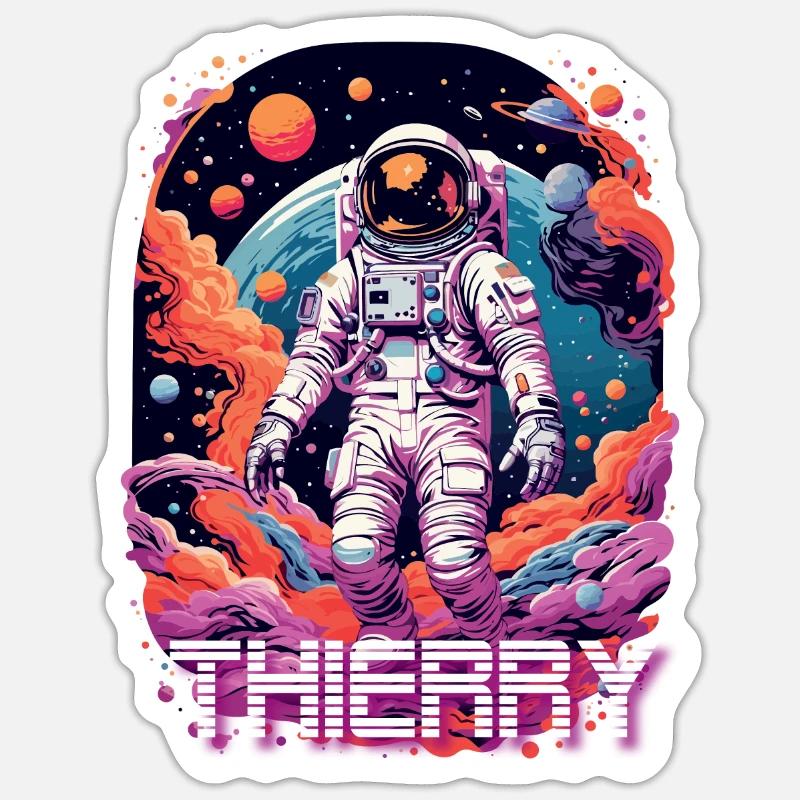 THIERRY - Beau prénom de garçon avec astronaute cool - Sticker taille S (10 x 10 cm) - blanc mat