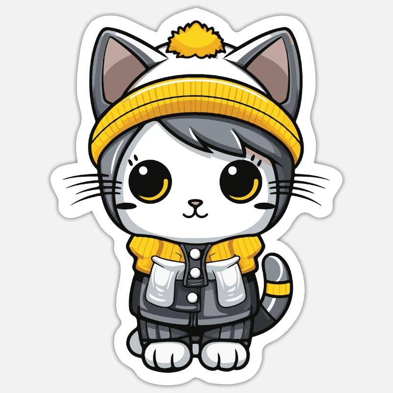 Katze Winter Comic Niedlich - Sticker Größe S (10 x 10 cm) - Mattweiß