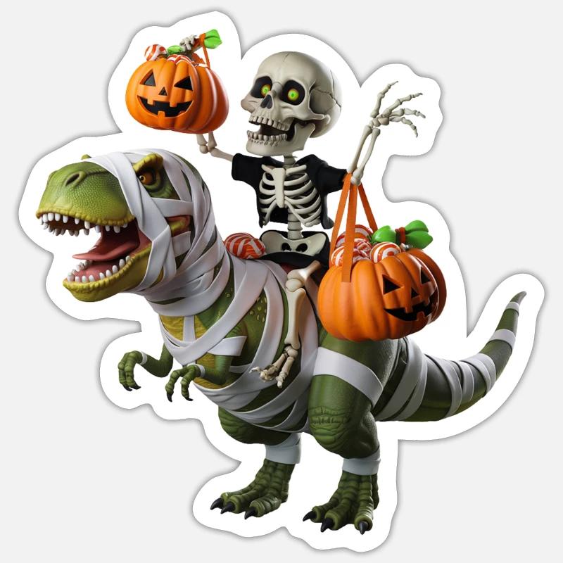 Skeleton on T-Rex with pumpkins Sticker size S (10 x 10 cm)