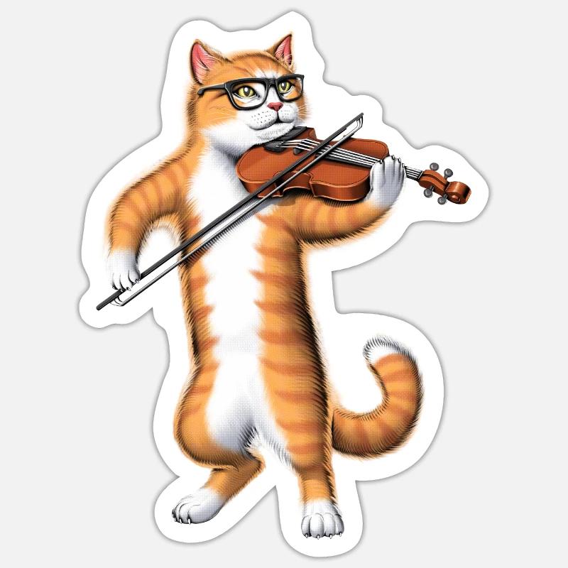 Chat jouant du violon - Sticker taille S (10 x 10 cm) - blanc mat
