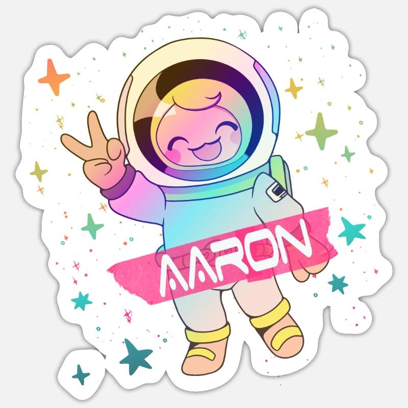 AARON - Beau nom de garçon avec astronaute mignon - Sticker taille S (10 x 10 cm) - blanc mat