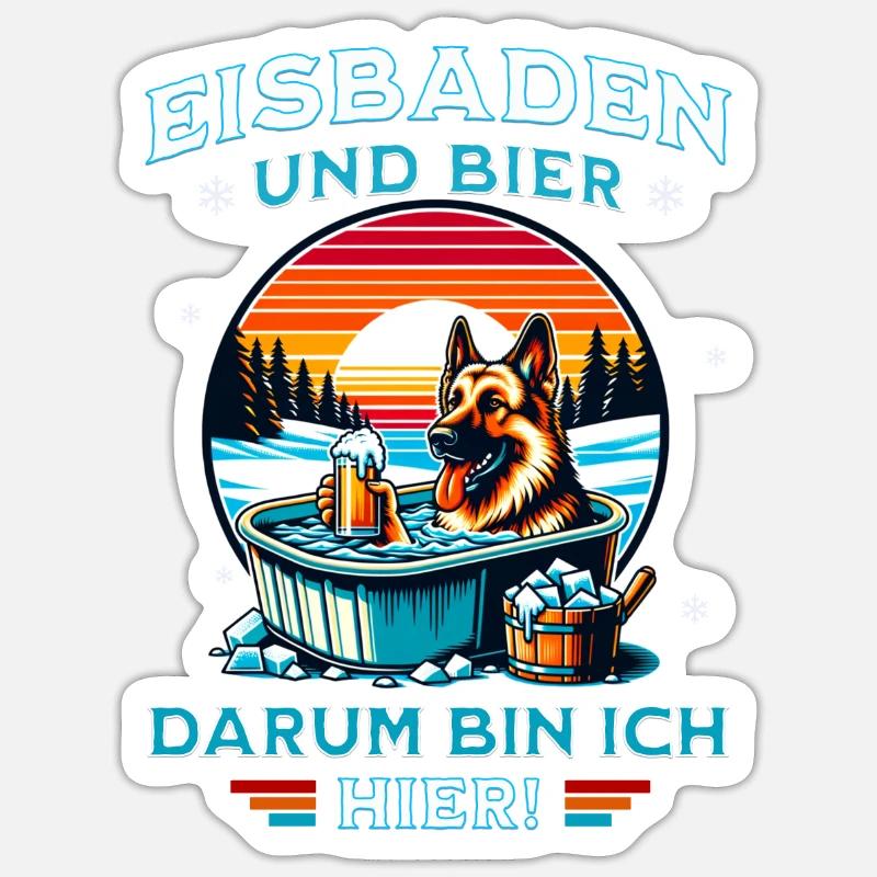 Eisbaden Schäferhund - Bier Eisbader Winterspaß - Sticker Größe S (10 x 10 cm) - Mattweiß