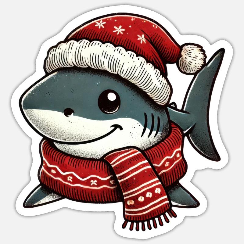 requin de Noël avec chapeau et écharpe Sticker taille S (10 x 10 cm)