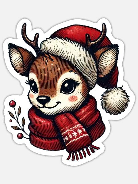 Niedliches Rentier Mit Weihnachtsmütze Und Schal - Sticker Größe S (10 x 10 cm) - Mattweiß