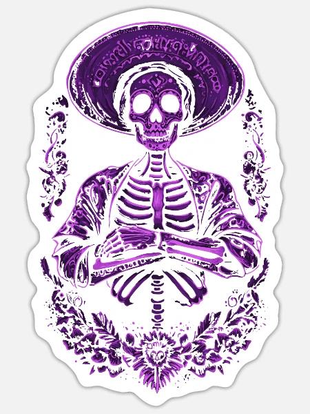 Lila Skelett mit Sombrero Kunstwerk - Sticker Größe S (10 x 10 cm) - Mattweiß