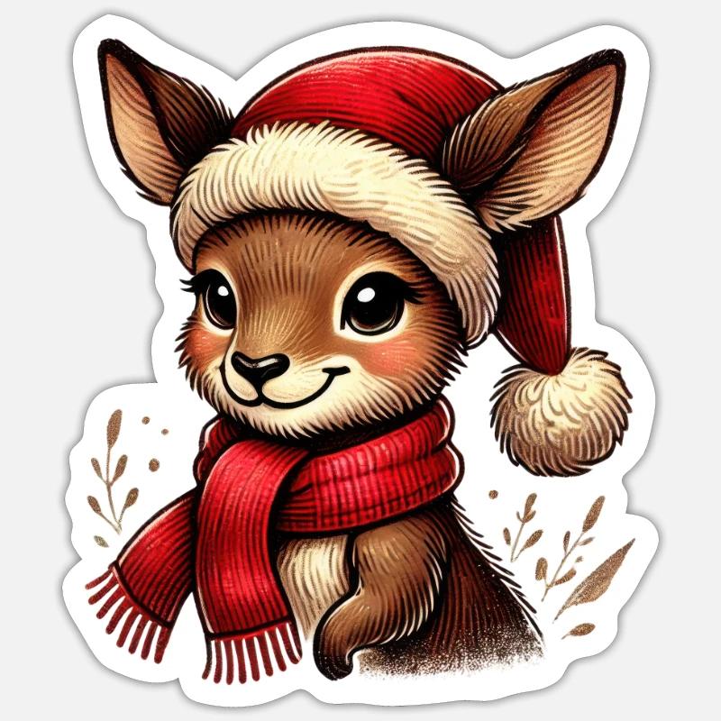 Cerf de Noël avec chapeau de Noël - Sticker taille S (10 x 10 cm) - blanc mat