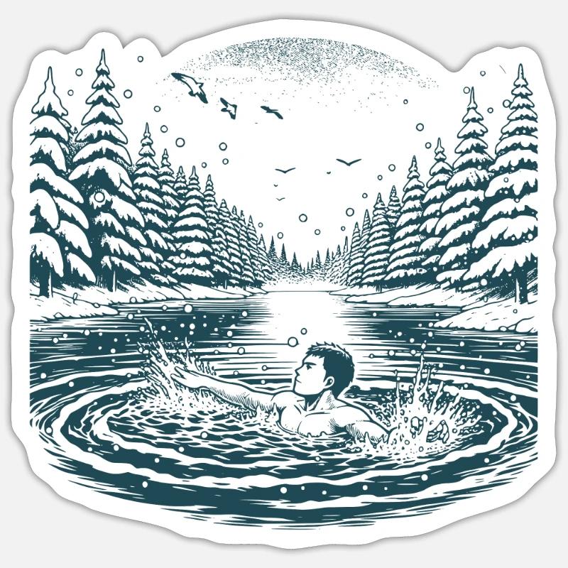 Eisbader nimmt ein Eisbad im kalten See im Winter - Sticker Größe S (10 x 10 cm) - Mattweiß