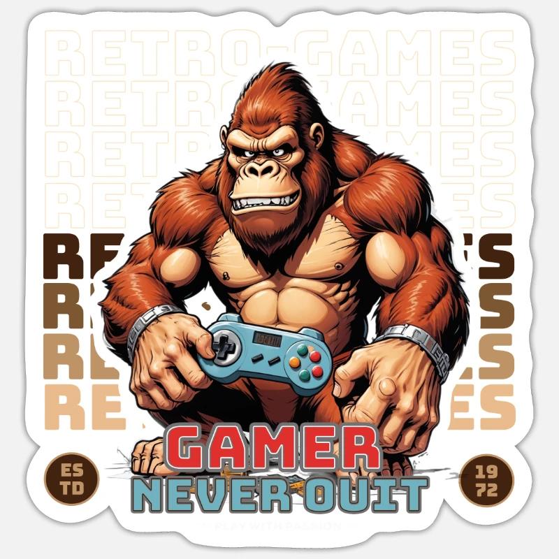 Retro Gamer Never Quit Monkey with Controller Sticker size S (10 x 10 cm)