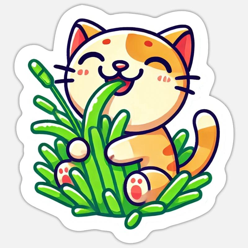 Chat roux mignon mangeant de l’herbe verte Sticker taille S (10 x 10 cm)