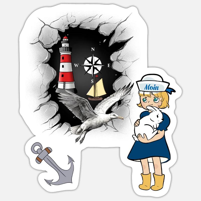Möwe Leuchtturm maritim Kompass Anker Möwen - Sticker Größe S (10 x 10 cm) - Mattweiß