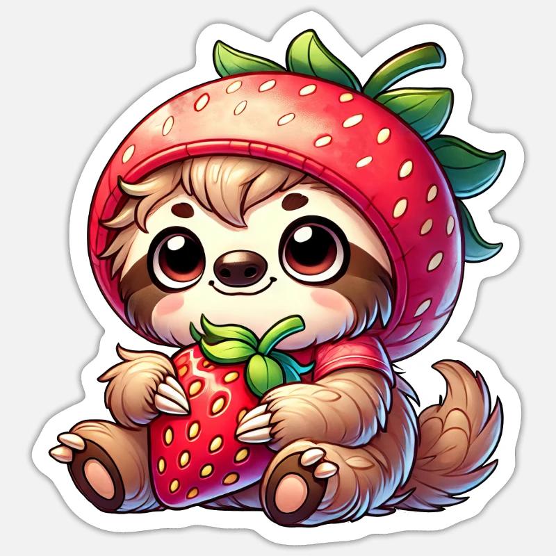 Faultier Erdbeere Sommerfrucht Design - Sticker Größe S (10 x 10 cm) - Mattweiß