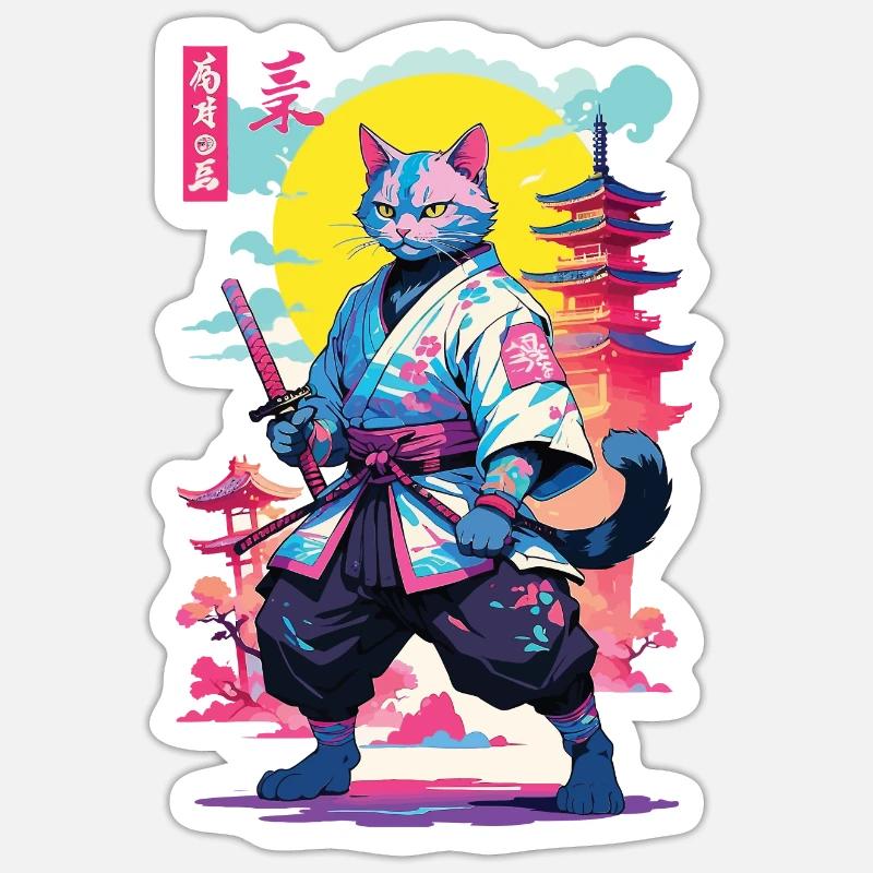 Conception esthétique Samurai Cat Vaporwave Sticker taille S (10 x 10 cm)