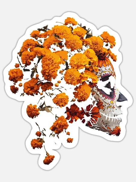 Catrina-Kunst mit Ringelblumen Dia de los Muertos - Sticker Größe S (10 x 10 cm) - Mattweiß