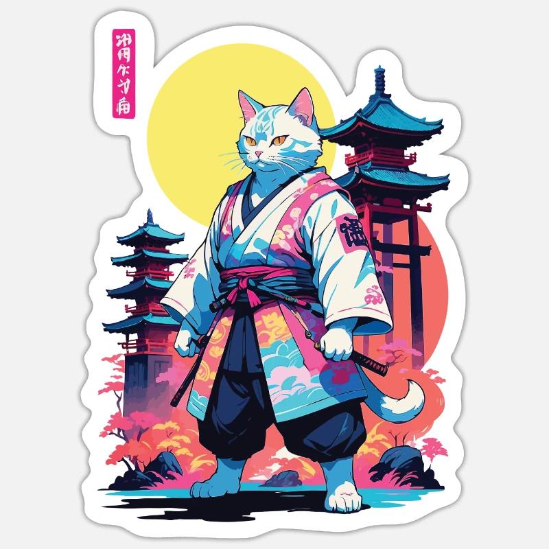 Conception esthétique Samurai Cat Vaporwave Sticker taille S (10 x 10 cm)