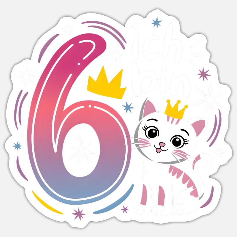 6. Geburtstag Katze Kätzchen Kindergeburtstag - Sticker Größe S (10 x 10 cm) - Mattweiß