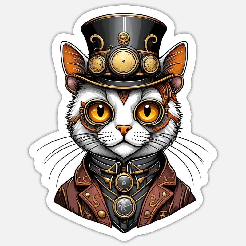 Steampunk-Katze - Sticker Größe S (10 x 10 cm) - Mattweiß