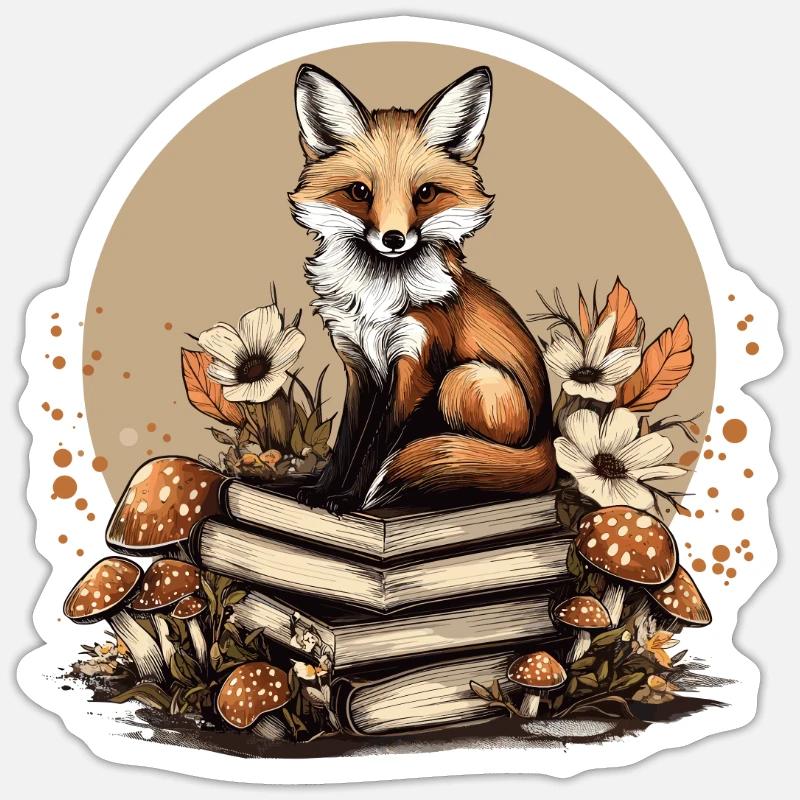 Cottagecore Fox med bøger - Sticker størrelse S (10 x 10 cm) - mat hvid