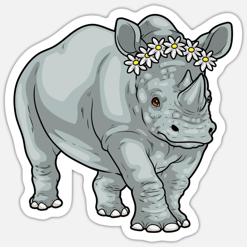 Nashorn Gänseblümchen Blumen - Sticker Größe S (10 x 10 cm) - Mattweiß