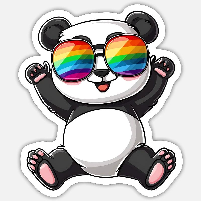 Panda Cartoon mit einer Pride Rainbow Brille. Sticker Größe S (10 x 10 cm)