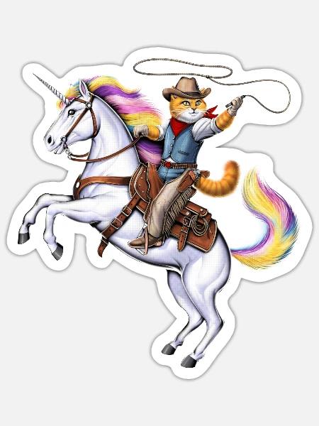 Katze Cowboy Reiten Rodeo Einhorn - Sticker Größe S (10 x 10 cm) - Mattweiß