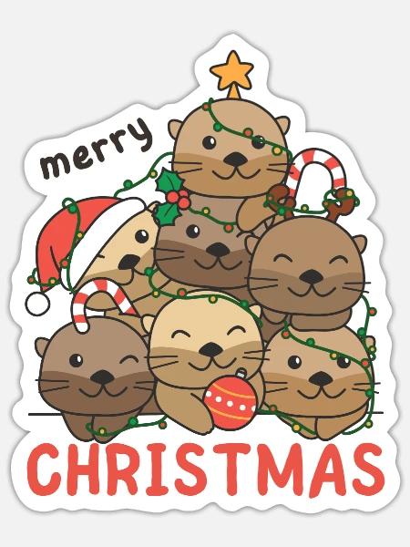 Otter Weihnachtsbaum frohe Weihnachten - Sticker Größe S (10 x 10 cm) - Mattweiß