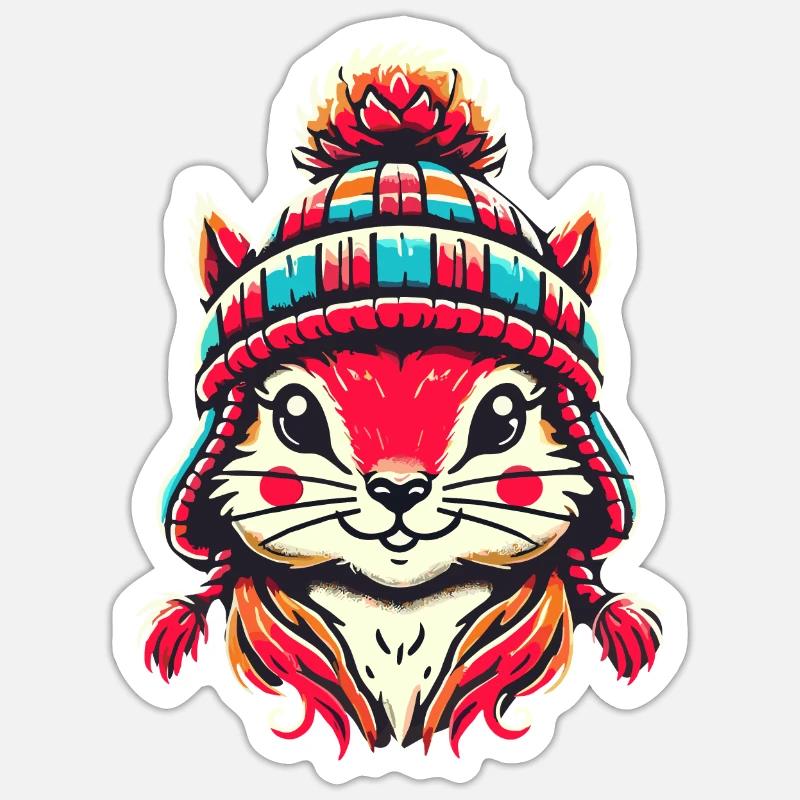 Cheerful squirrel with winter hat Sticker size S (10 x 10 cm)