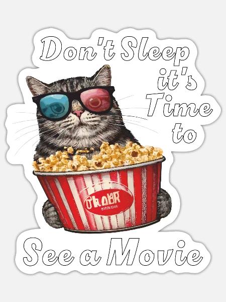 KATZE POPKORN See a Movie - Sticker Größe S (10 x 10 cm) - Mattweiß