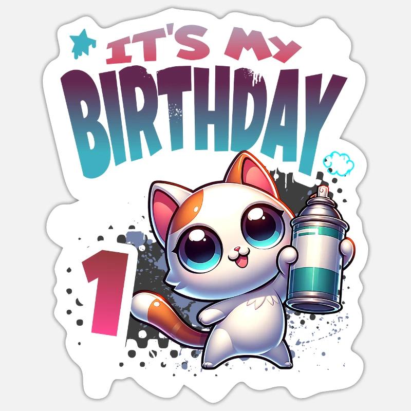 1er anniversaire chat graffiti - Sticker taille S (10 x 10 cm) - blanc mat