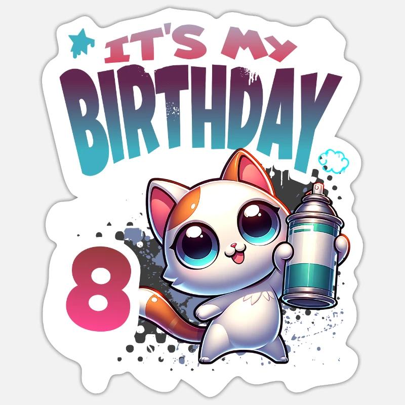 8th Birthday Cat Graffiti - Sticker size S (10 x 10 cm) - white matte