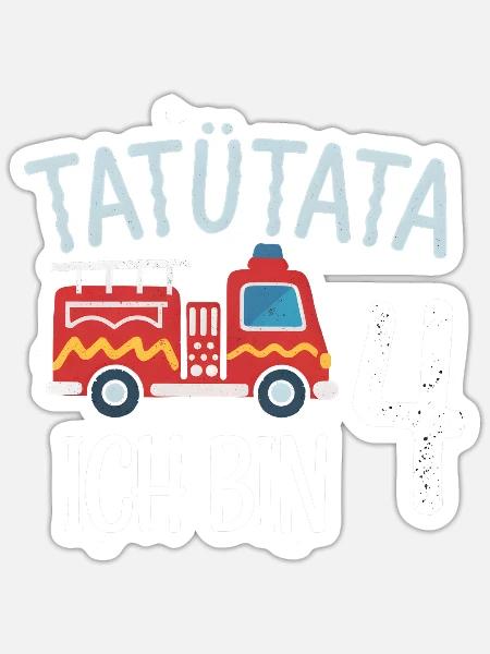 Tatütata Feuerwehr 4. Geburtstag - Sticker Größe S (10 x 10 cm) - Mattweiß