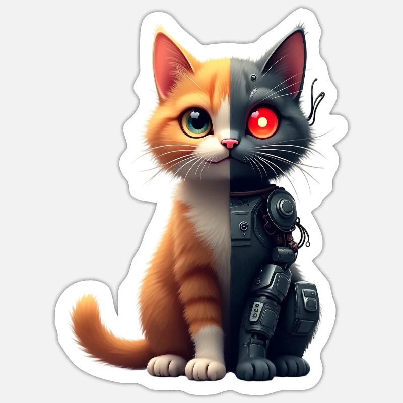 Lustige Roboter Katze Tech Katzen Cyborg Tier Cat - Sticker Größe S (10 x 10 cm) - Mattweiß