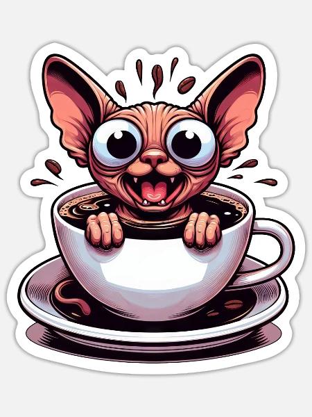 Sphinx Katze Kaffee Koffeinschock Lustig - Sticker Größe S (10 x 10 cm) - Mattweiß