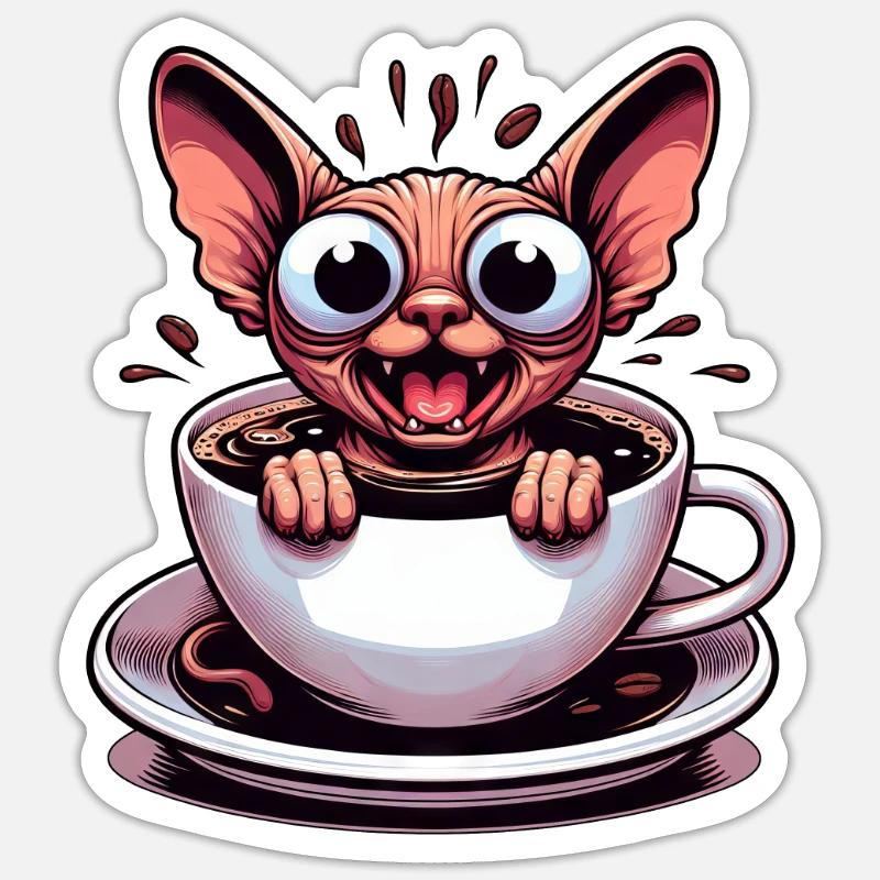 Sphinx Katze Kaffee Koffeinschock Lustig - Sticker Größe S (10 x 10 cm) - Mattweiß