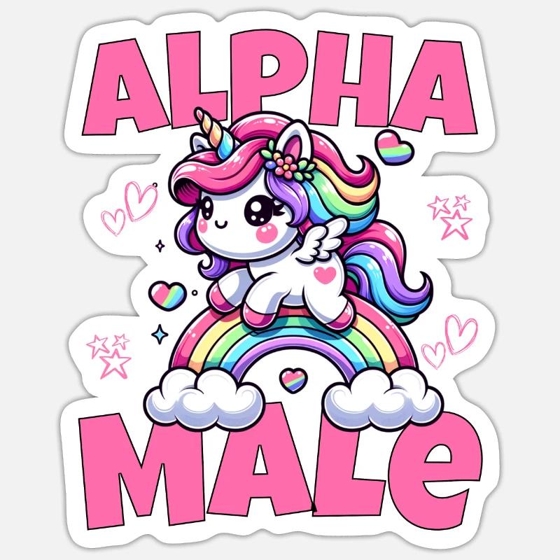 Süßes Alpha Einhorn reitet männlich den Regenbogen - Sticker Größe S (10 x 10 cm) - Mattweiß