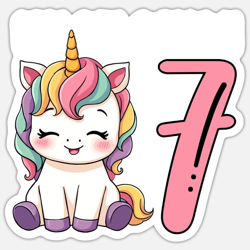 Kinder Einhorn 7. Geburtstag Ich bin schon Sieben - Sticker Größe S (10 x 10 cm) - Mattweiß