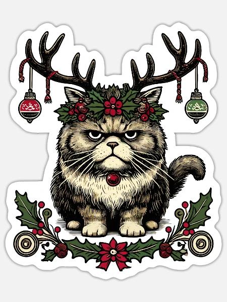 Weihnachtliche Katze Mit Geweih - Sticker Größe S (10 x 10 cm) - Mattweiß