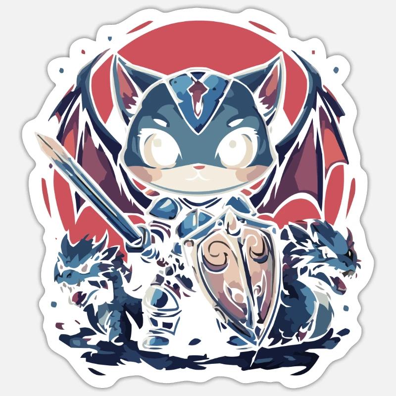 Chevalier chat épique avec des compagnons dragons - Sticker taille S (10 x 10 cm) - blanc mat
