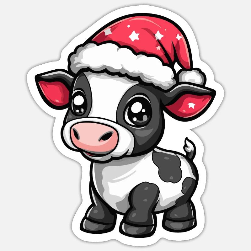 Vache Noël Mignon - Sticker taille S (10 x 10 cm) - blanc mat