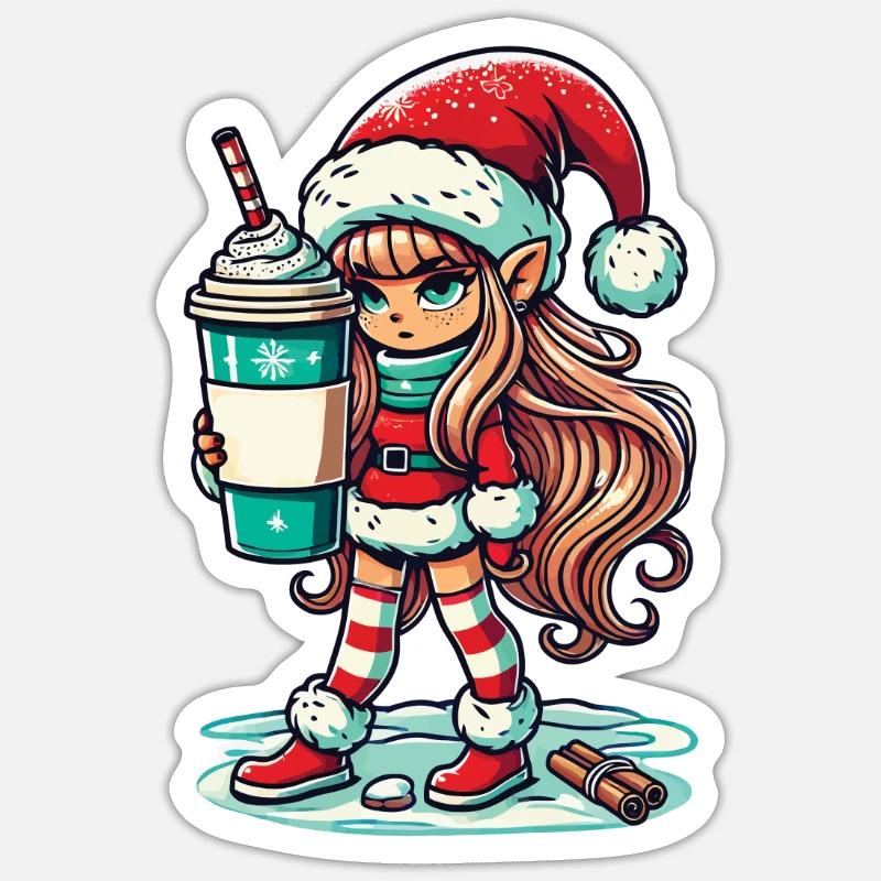 Nain de Noël au café - Sticker taille S (10 x 10 cm) - blanc mat