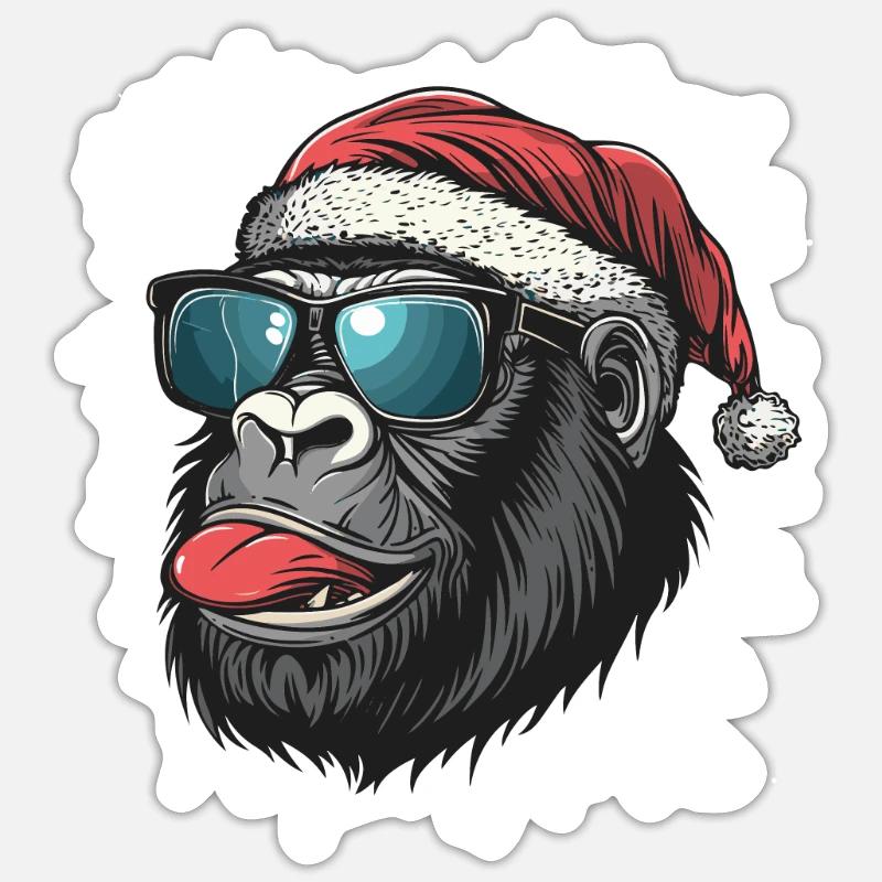Gorille Noël drôle - Sticker taille S (10 x 10 cm) - blanc mat