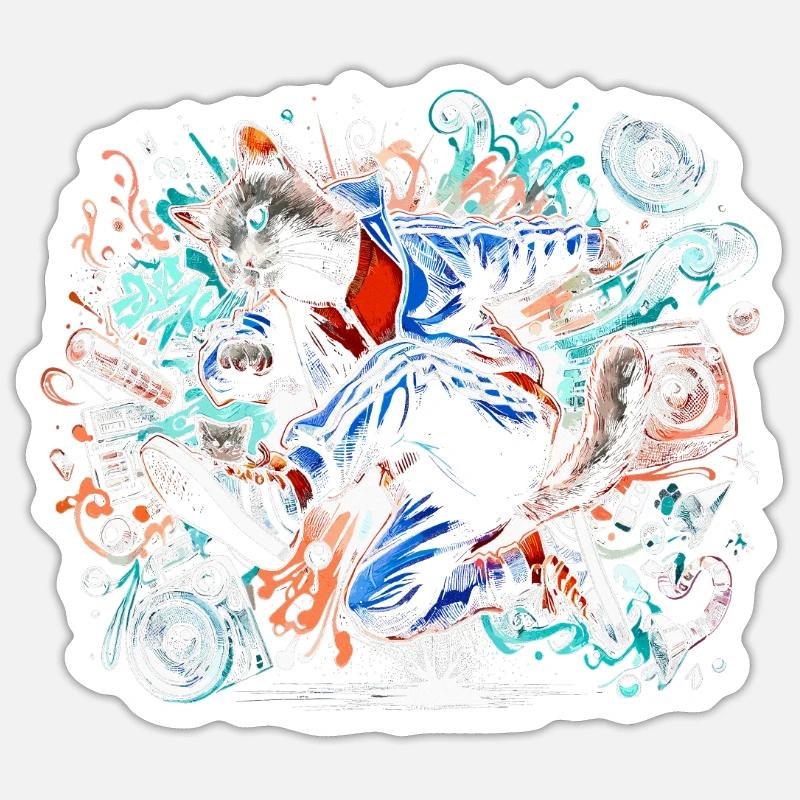 Breakdancing Breakdance Katze - Sticker Größe S (10 x 10 cm) - Mattweiß