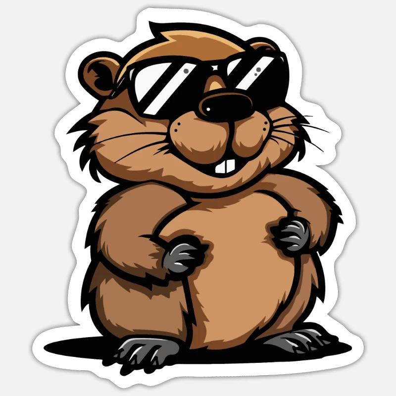 Castor Bande dessinée Cool - Sticker taille S (10 x 10 cm) - blanc mat
