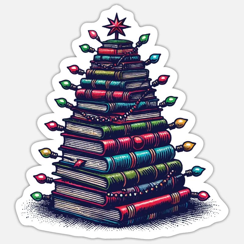 Book Stack Tree for Book Lovers Christmas - Sticker size S (10 x 10 cm) - white matte