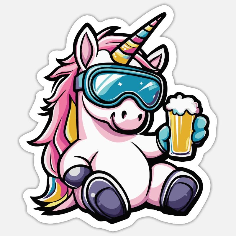 Einhorn Ski Bier - Sticker Größe S (10 x 10 cm) - Mattweiß