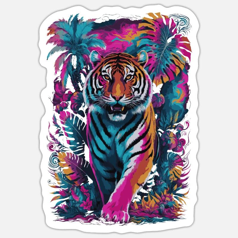 Psychedelischer Tiger im lebendigen Dschungel-Design - Sticker Größe S (10 x 10 cm) - Mattweiß
