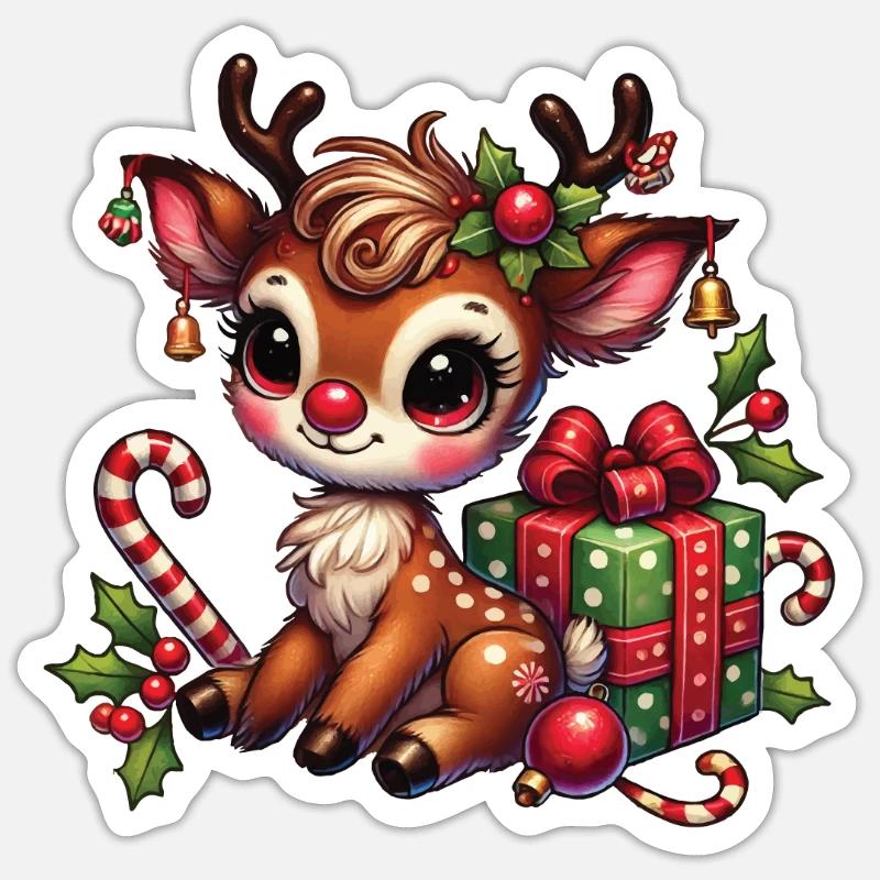 Renne de Noël avec cadeau - Sticker taille S (10 x 10 cm) - blanc mat