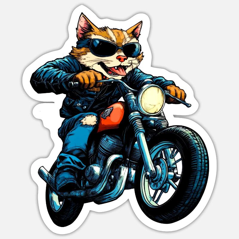 Katzen Motorrad / Motorradfahrer Katze - Sticker Größe S (10 x 10 cm) - Mattweiß