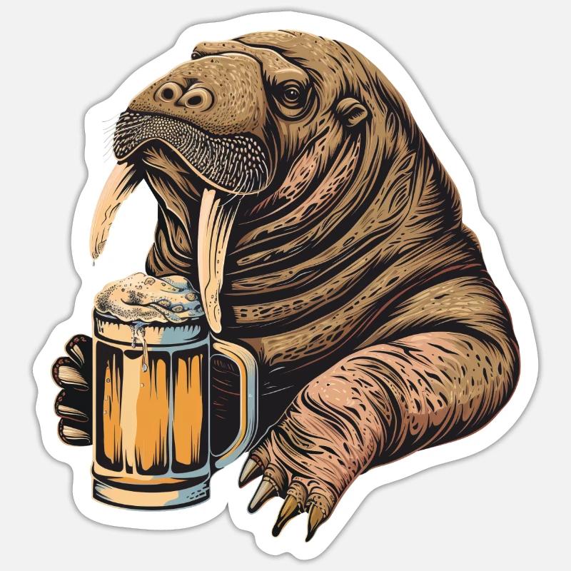 Walross Bier - Sticker Größe S (10 x 10 cm) - Mattweiß